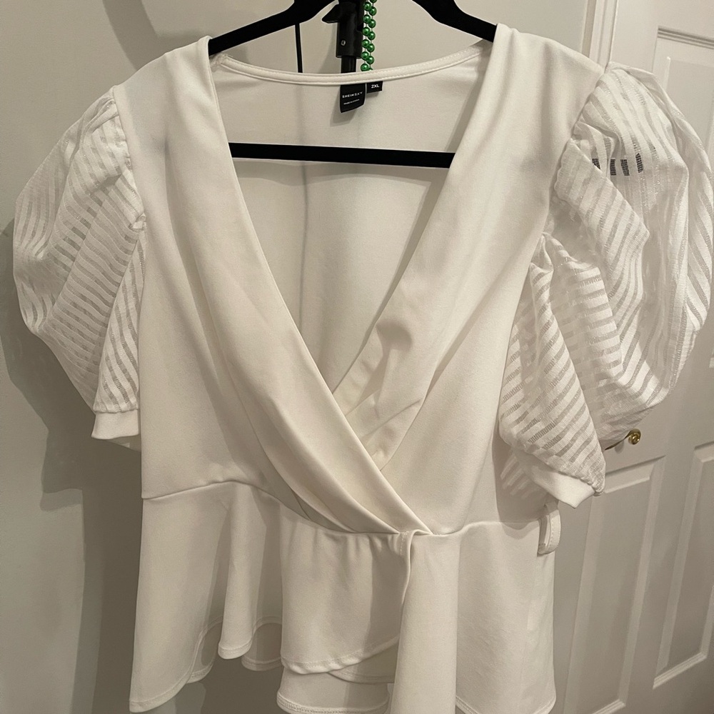SHEIN White Wrap Blouse with Puff Sleeves